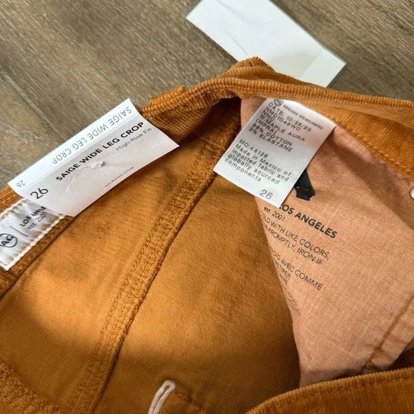 AG Adriano Saige Wide Leg Crop High Rise Corduroy Pant Gold Orange Apricot